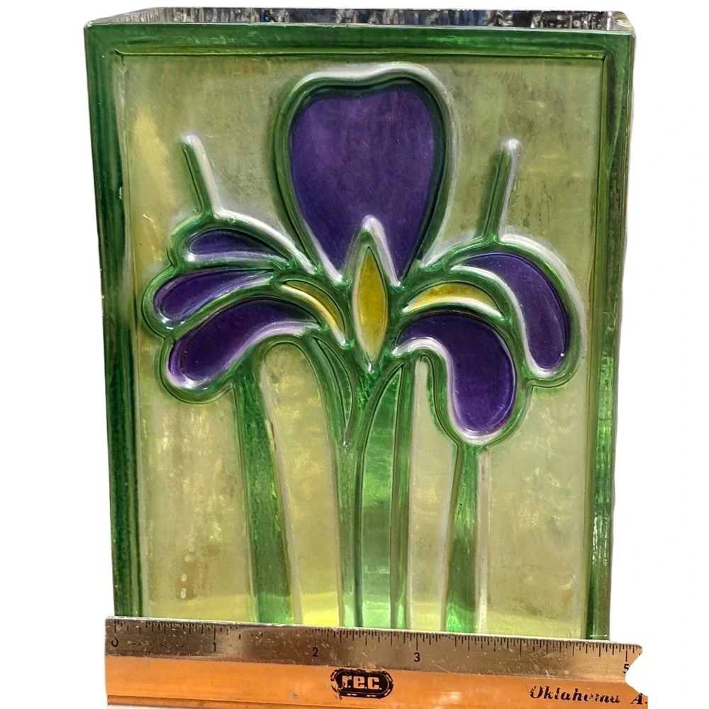 VTG FTDA Art Glass Vase 1985 Raised Relief Purple Iris Textured Bark Back 7 Inch